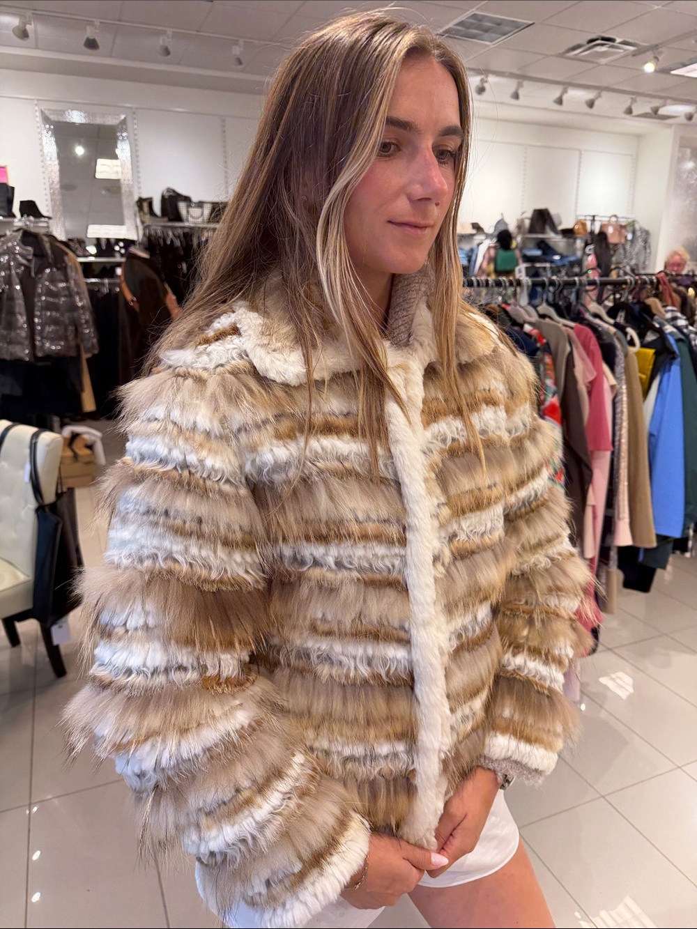 Fur Striped Short Jacket in Beige and Cream small